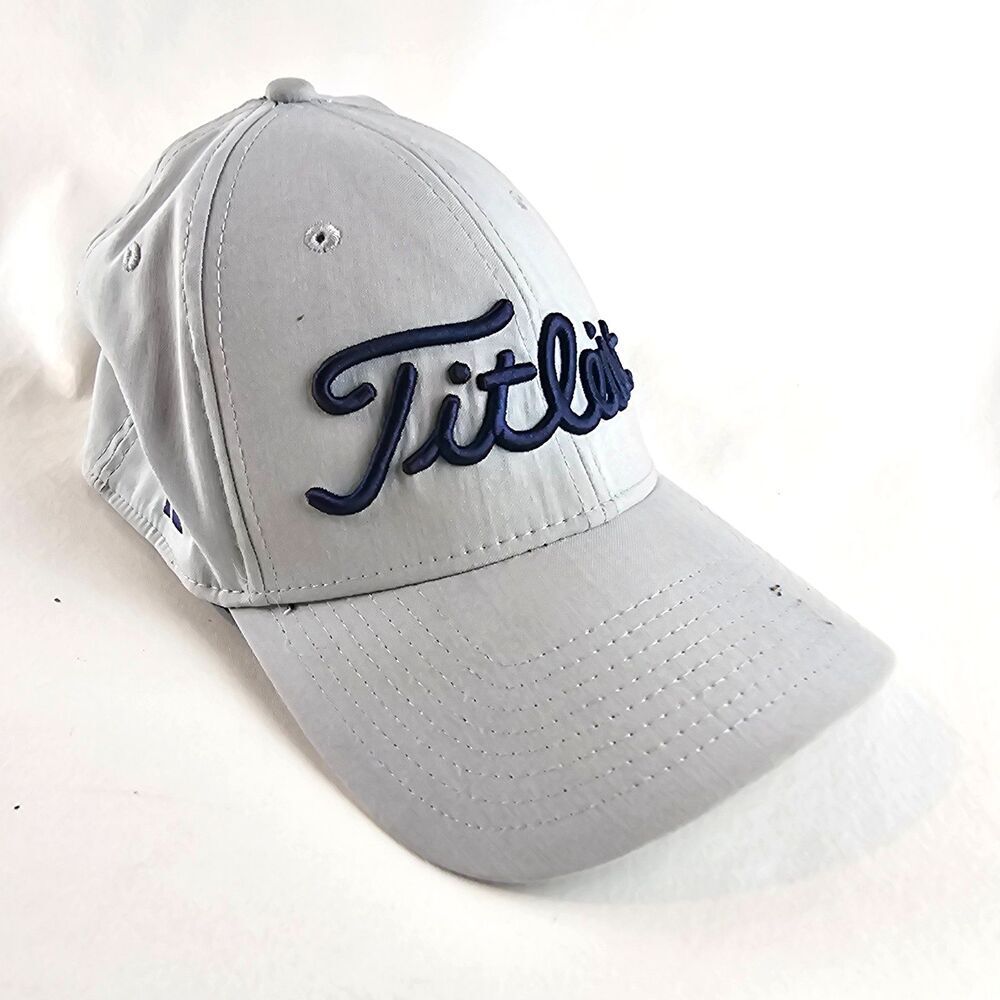 Titleist Golf Hat Gray L/XL Fitted Stretch Cap Blue Script Logo Performance